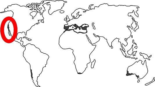 Map showing Mediterrean ecosystems of the world, with California circled.